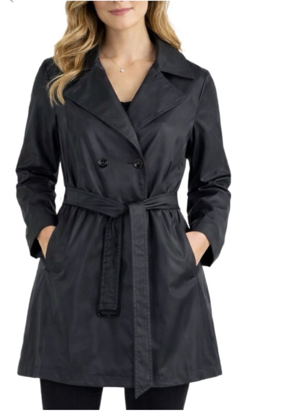 Fu‎ Da NY Black Belted Trench Raincoat Nylon Double Breasted Jacket Medium
